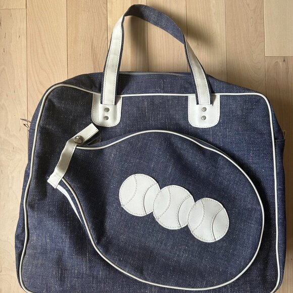 Vintage Tennis Tote – Denim White Vinyl with Racket Pocket - Picture 2 of 7